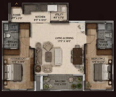 2 and 2.5 BHK apartment floor plan — living, dining, kitchen, two bedrooms and balcony