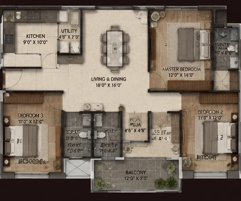 3 BHK apartment floor plan — living, dining, kitchen, three bedrooms, pooja and balcony