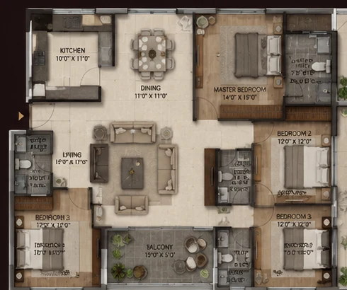 4 BHK corner apartment floor plan — living, dining, kitchen, four bedrooms and balconies