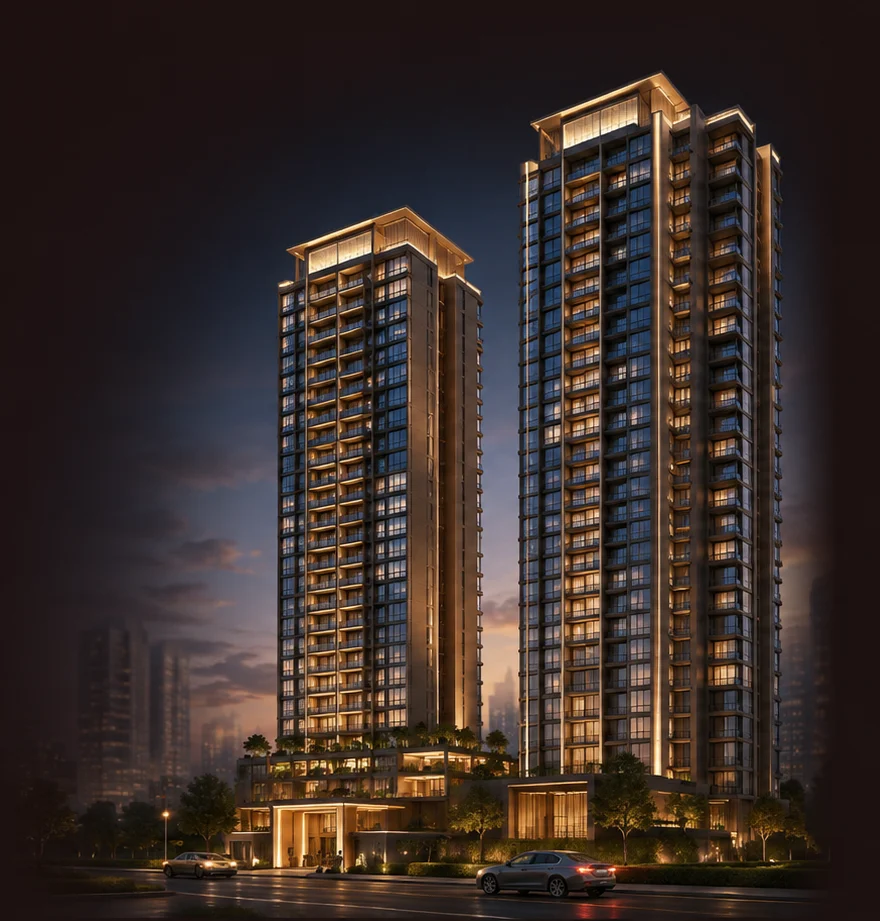 Chandana high-rise twin towers at dusk — considered architecture with 2, 3 and 4 BHK residences
